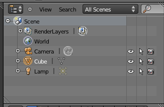 Retrouvez dans l'outliner tous les objets qui composent votre scène