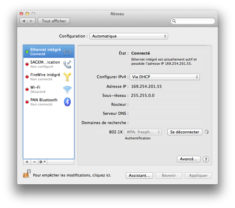 Préférences Réseaux : connexion via un câble Ethernet