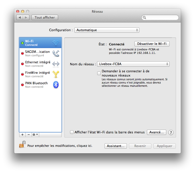 Préférences Réseaux : connexion via Wi-Fi