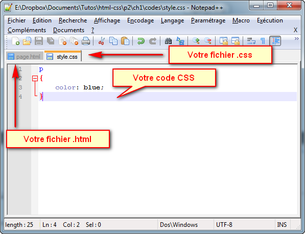 Fichiers HTML et CSS dans Notepad++