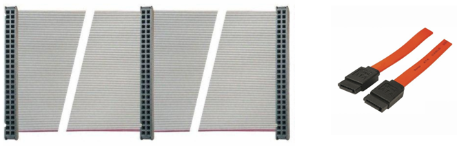 Nappes IDE (à gauche) et câbles SATA (à droite)