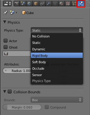 Choisissez les propriétés physiques du cube