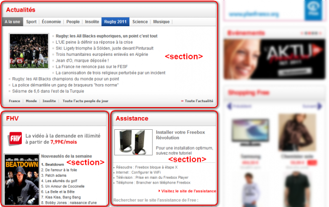 Des sections de page sur le portail de Free