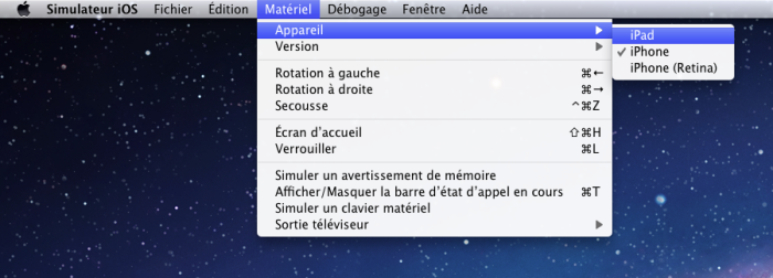 Le device peut également être choisi directement via le simulateur