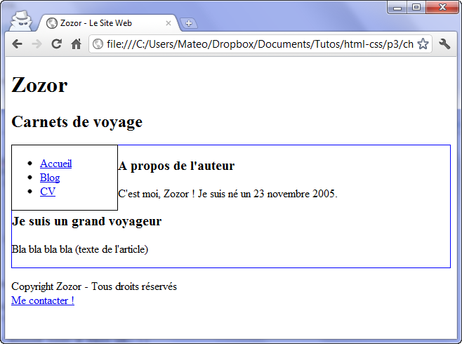 Le menu est bien positionné mais collé au texte