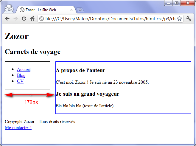 Le corps de page est bien aligné à droite du menu