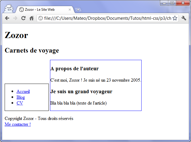 Le menu et le corps sont côte à côte… mais positionnés en bas !
