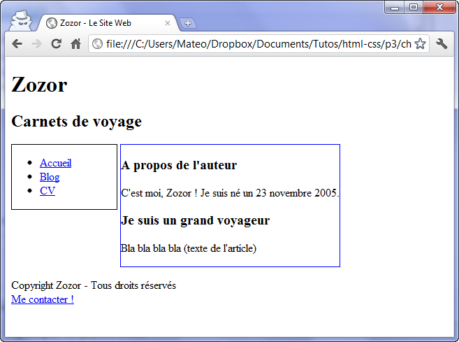 Le menu et le corps sont alignés en haut et côte à côte