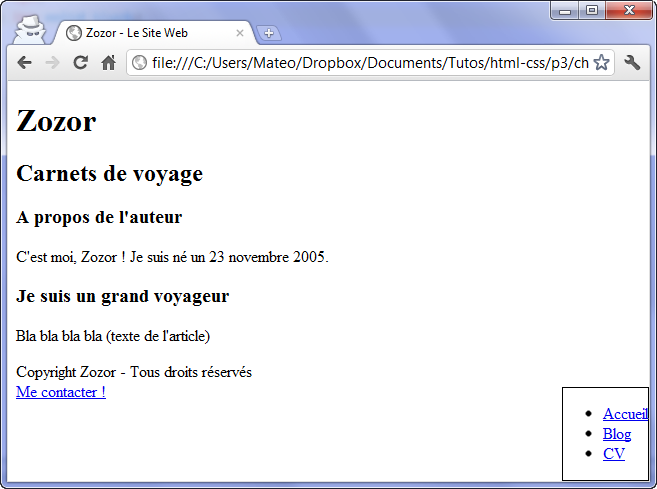 Le menu est positionné en bas à droite de l'écran
