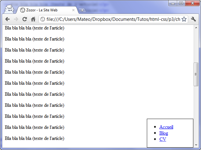 Le menu reste affiché en bas à droite en toutes circonstances