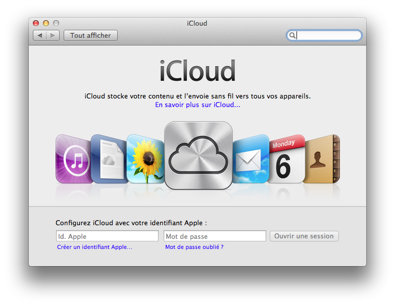 Fenêtre de démarrage d'iCloud