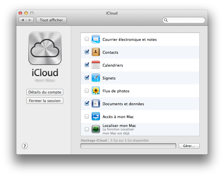 Écran principal d'iCloud : liste des services