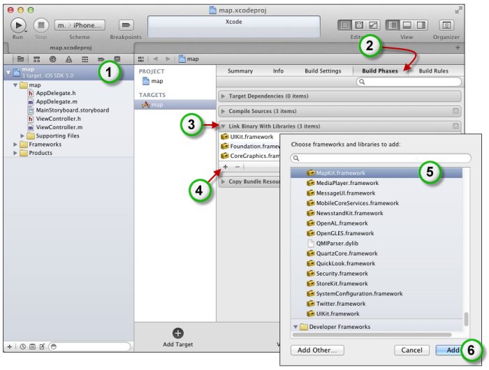 Pour afficher une carte dans une application, il lui faut le framework MapKit