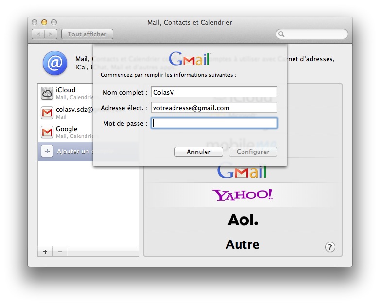 Ajout d'un compte Gmail dans Mail