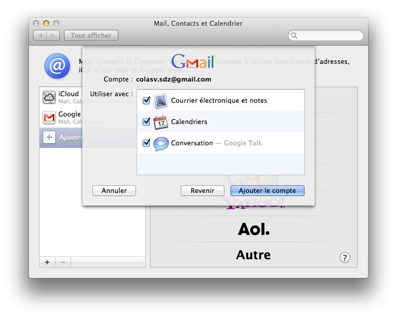Fin de l'ajout d'un compte mail : choix des services