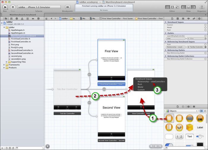 Insérez une troisième vue et reliez-la au Tab Bar Controller