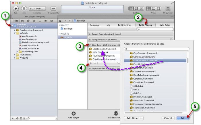 Ajoutez le framework CoreLocation à l'application