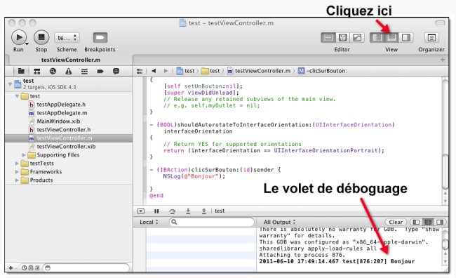 Affichage du volet de débogage