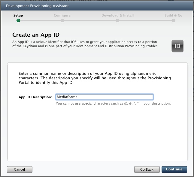 Choisissez un nom pour identifier votre App ID et cliquez sur Continue