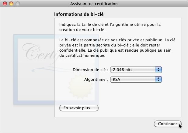 Choisissez une dimension de clé et un algorithme