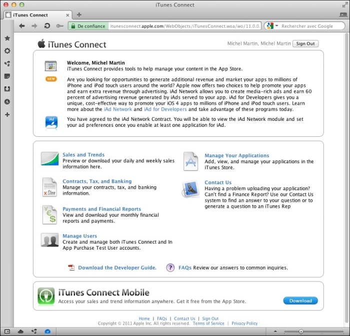 Le portail iTunes Connect
