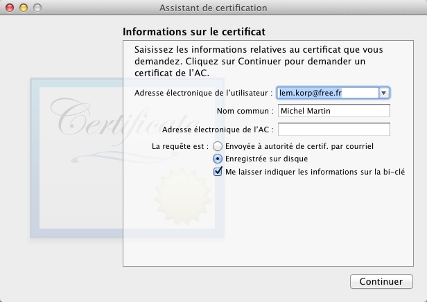La boîte de dialogue Assistant de certification