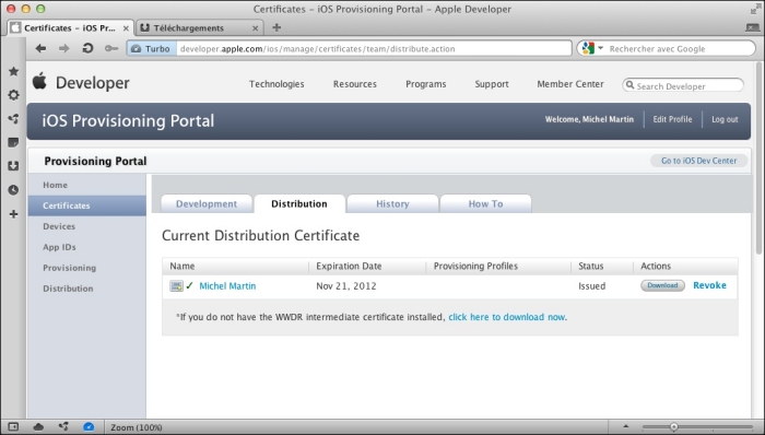 Le certificat est affiché dans le navigateur