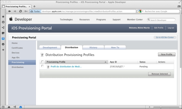 Le profil de distribution est affiché dans le navigateur avec un statut Pending