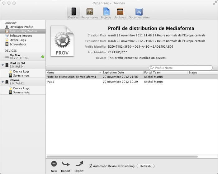 La fenêtre Organizer> s'affiche