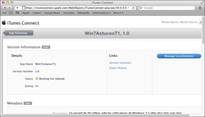L'application a le statut « Waiting for Upload  »