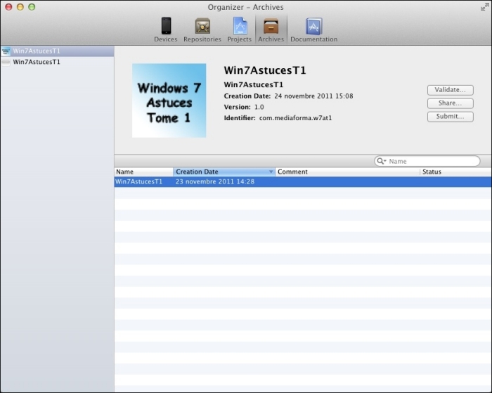 L'application à valider et à soumettre doit apparaître dans la fenêtre Organizer