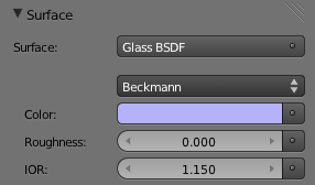 Le matériau Glass permet de régler l'indice de réfraction et la rugosité de la surface