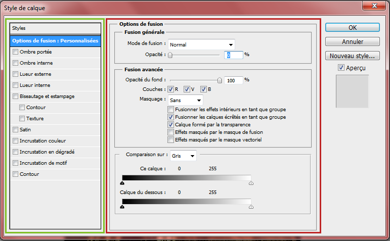 Interface des options de fusion par catégorie