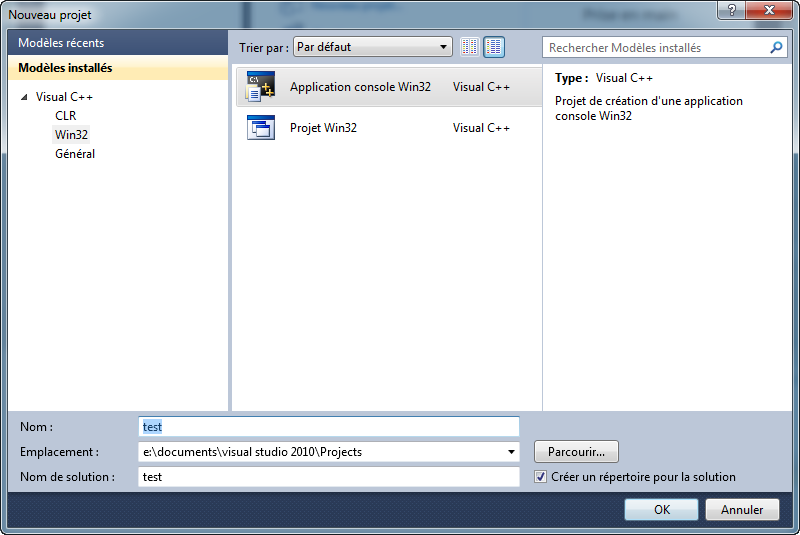 Création de projet Visual C++ Express