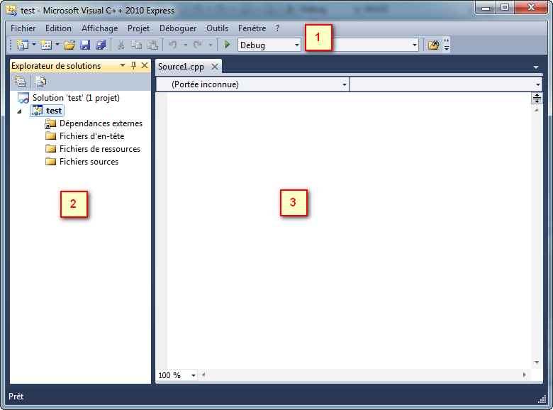 Fenêtre principale de Visual C++ Express