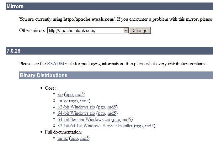 Page de téléchargement de Tomcat