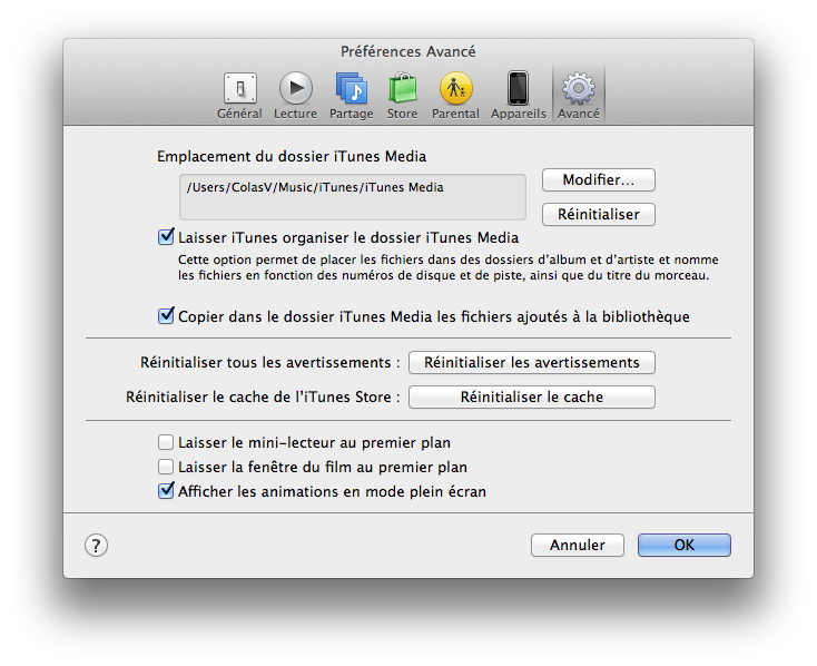 Préférences iTunes Avancé