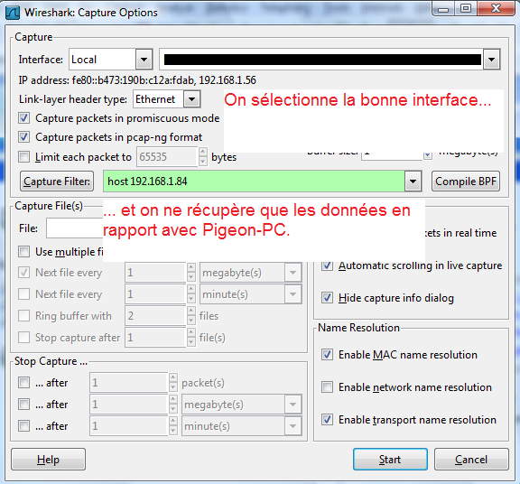 Options de capture dans Wireshark