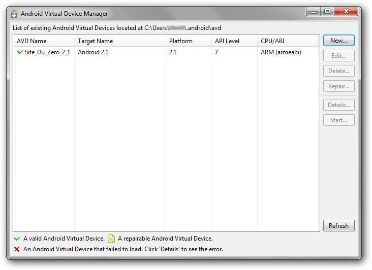 La liste des émulateurs que connaît votre AVD Manager