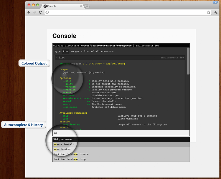 Interface de CoreSphereConsoleBundle