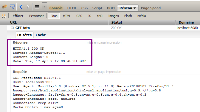 En-têtes de la réponse HTTP avec Firebug