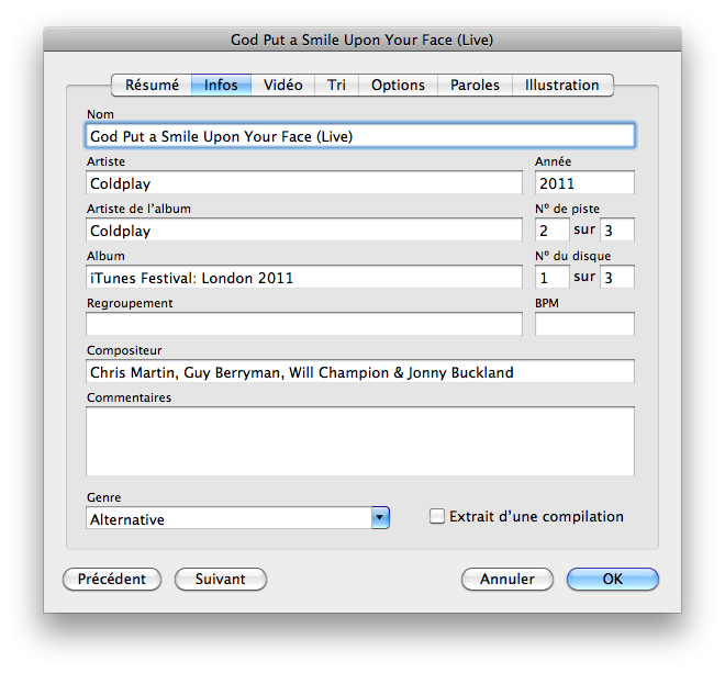 Modifier les informations d'un morceau