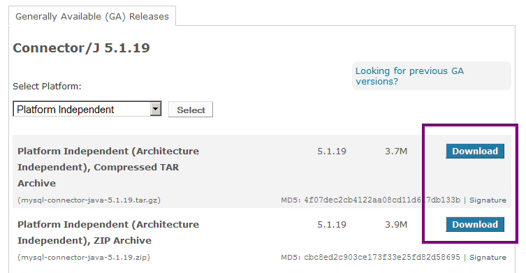 Téléchargement du driver MySQL