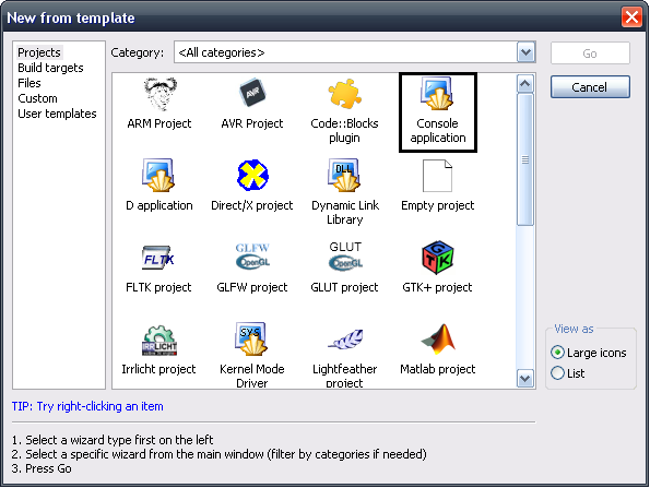 Fenêtre des projets
