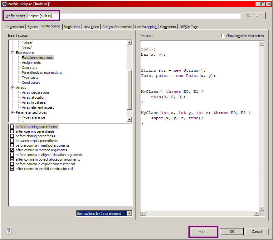 Options de formatage du code.