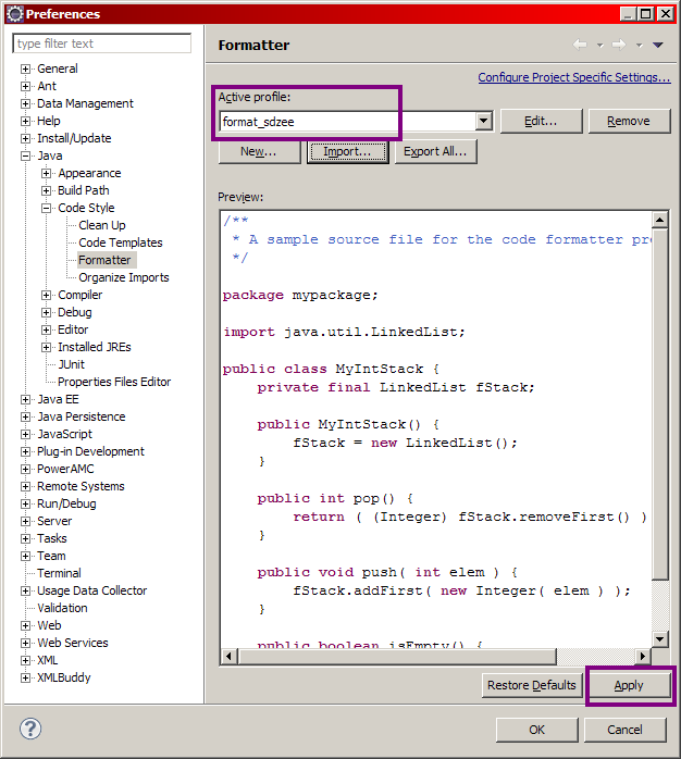 Import du modèle de formatage.