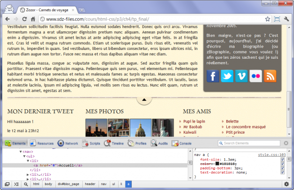L'outil de débogage de Google Chrome (en bas du navigateur)