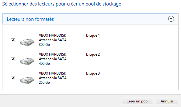 Disques disponibles pour la création d'un nouveau pool