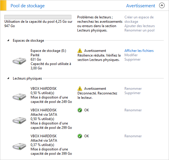 L'EDS et le pool sont à l'état Avertissement