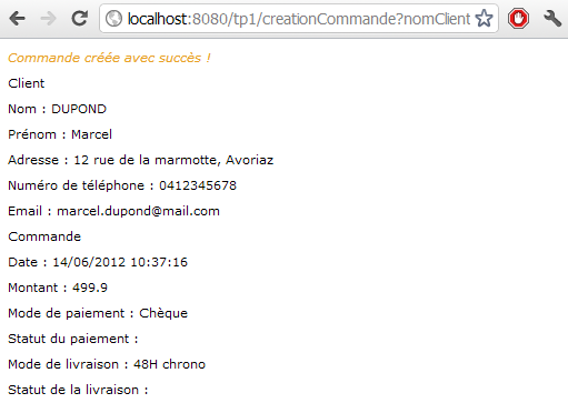 Affichage du message de succès et des données